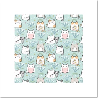 Seamless Pattern plant butterflies Cute Kawaii Cats Posters and Art